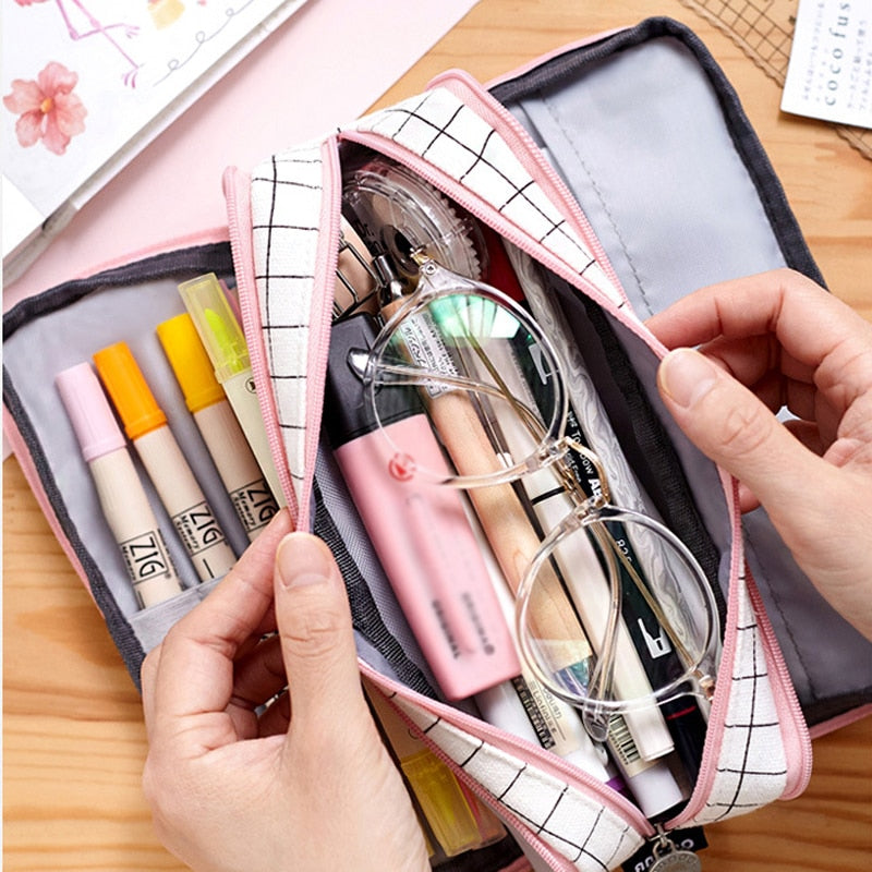 eybag Large Capacity Pencil Case Grid Canvas Pencilcase Student Pen Holder Supplies Pencil Bag School Box Pouch Stationery