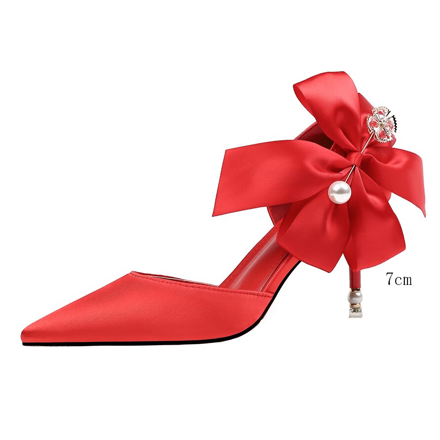 eybag 2022 Elegant Women10cm/7.5cm Pencil Heels Pumps White Butterfly Knots Pumps Red Pearl Satin Pumps Ladies Wedding Plus Size Shoes