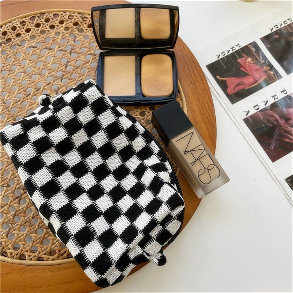 Lkblock Korean Ins Checkerboard Knitted Cosmetic Cases For Women Ladies Large Capacity Lattice Makeup Bags Plaid Beauty Organizer Pouch