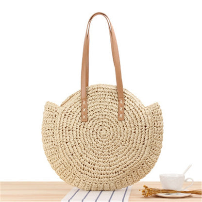 Lkblock Large Capacity Round Zipper Fashionable Straw Woven Bag Handmade Summer Beach Travel Holiday Women Bags