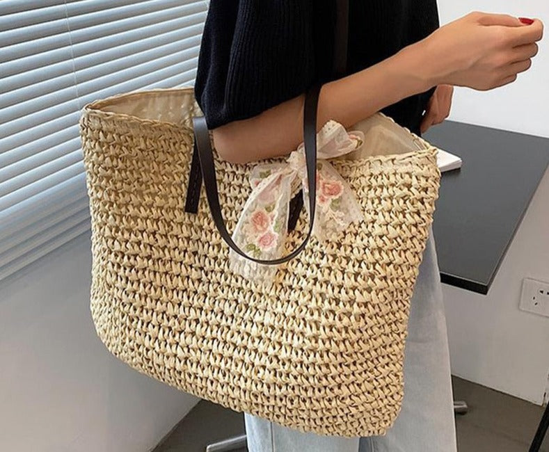 Lkblock Hot fashion Simple hollow beach bags women straw bag vintage knitted big tote bags shoulder bags