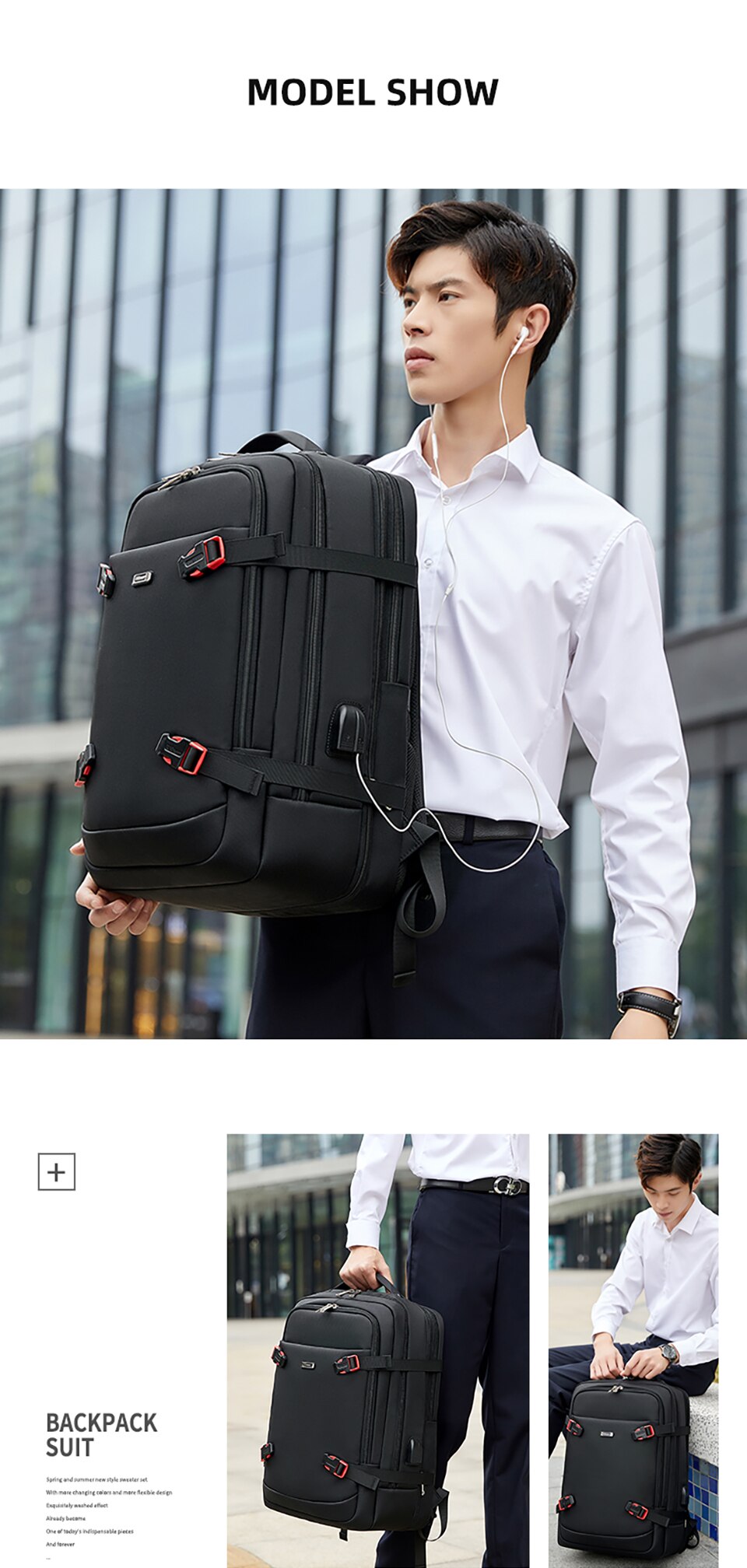 eybag 42L Male Expandable Large Capacity Travel Backpack Men 17 inch Laptop USB Recharging Multi-layer Space Travel Male Bag