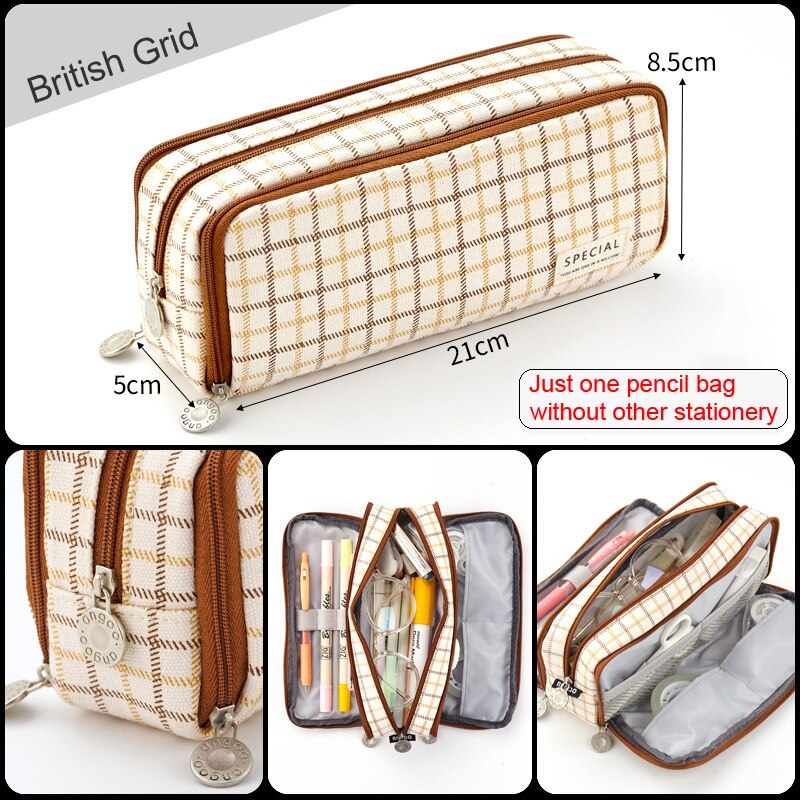 eybag Large Capacity Pencil Case Grid Canvas Pencilcase Student Pen Holder Supplies Pencil Bag School Box Pouch Stationery