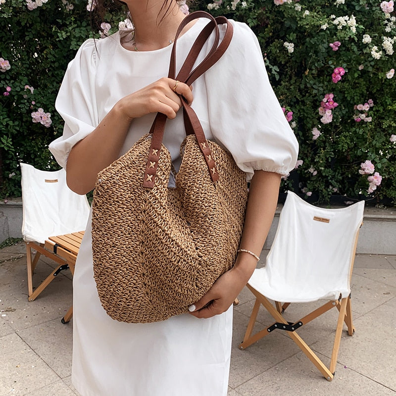 eybag Casual Large Capacity Straw Tote Bag Hollow Woven Women Shoulder Bags Summer Beach Lady Handbag Big Shopper Bag Travel Sac 2022