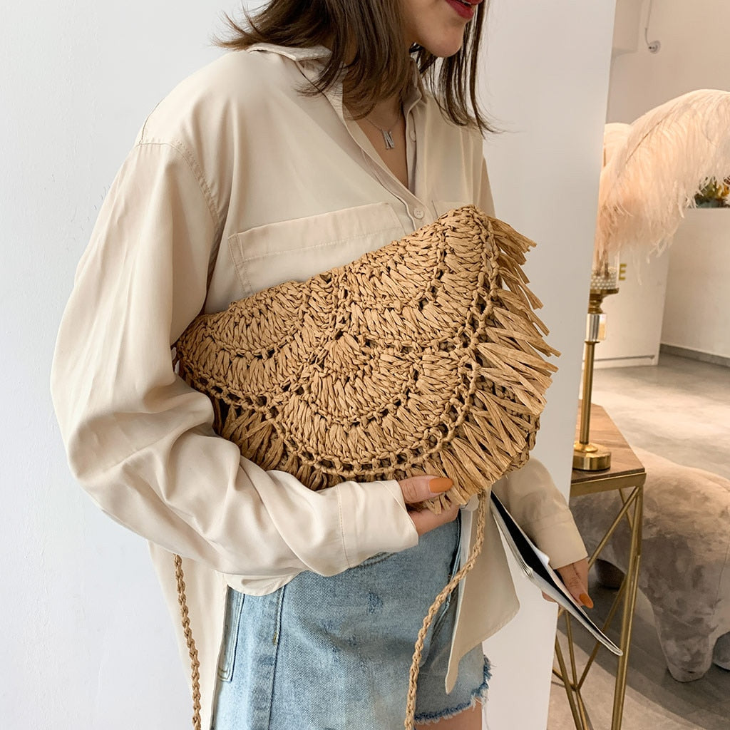 eybag Bohemian Hollow Tassel Rattan Women Shoulder Bags Wicker Woven Crossbody Bags Summer Beach Straw Bag Lady Clutches Female Purses