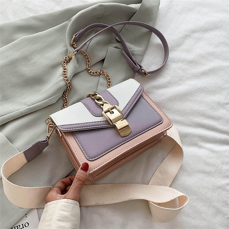 eybag Fashion chain lady Sling bag Panelled color PU Leather Crossbody Bag For Women 2022 new Wide strap Shoulder Messenger Bag Ladies