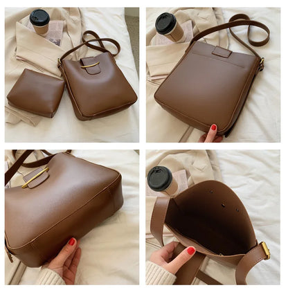 eybag Vintage Simple PU Leather Bucket Crossbody Bags for Women 2023 Luxury Designer Lady Shoulder bags Ladies Handbags 2 Pcs/set