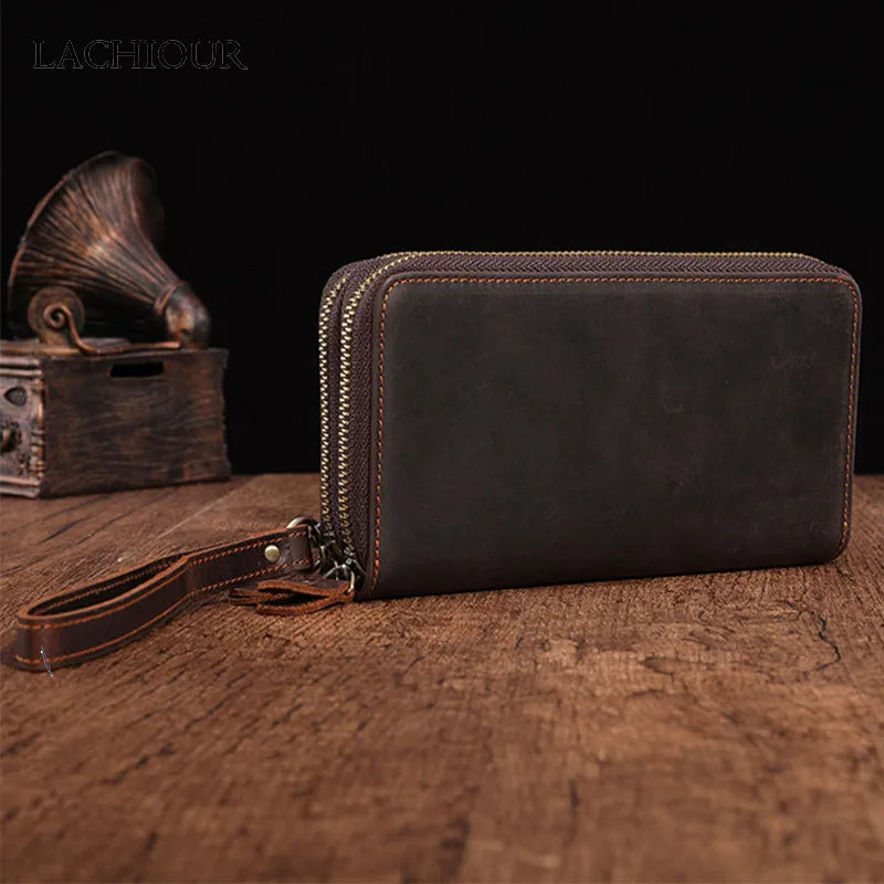 eybag Men Double Zipper Genuine Leather Wallet Male Business Clutch Purse Long Phone Card Holder Men's Clutch Wallet Vintage Handy Bag