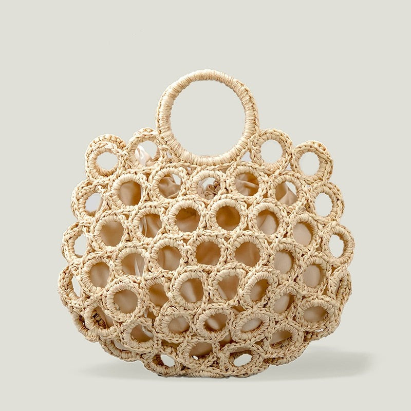 eybag Woven Round Women Handbags Summer Knitting Hollow Out Casual Rattan Beach Bags Female Fashion Hobos Purses