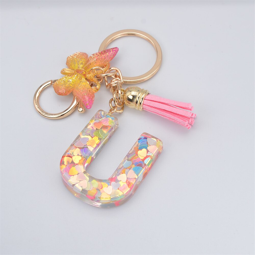 eybag New Exquisite 26 Letter Resin Keychain with Pink Tassel Gradient Butterfly Pendant Key Ring Women Bag Ornaments Accessories Gift