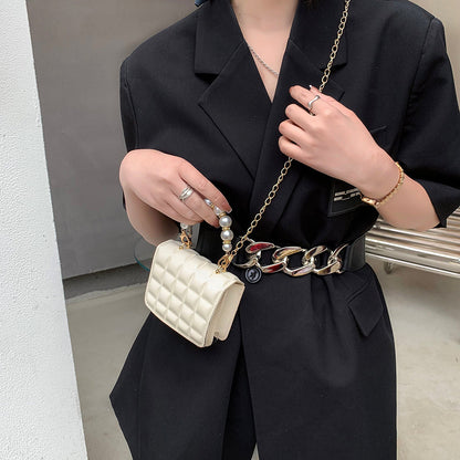 eybag Fashion Women PU Leather Thin Chain Shoulder Crossbody Bag with Pearl Handle Portable Chocolate Grid Solid Color Small Handbags