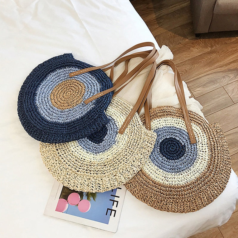 Lkblock Large Capacity Round Zipper Fashionable Straw Woven Bag Handmade Summer Beach Travel Holiday Women Bags