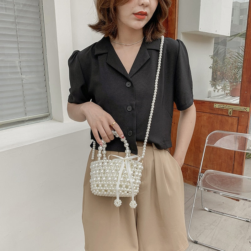 eybag Luxury Pearl Woven Handbag Chain Shoulder Bags for Women 2021 Summer Travel Hollow Brand Designer Female Crossbody Bag