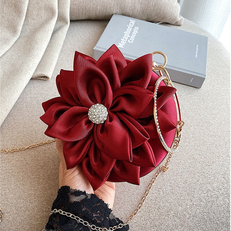 eybag Red Flower Clutch Purse  Women Round  Evening Bag Crystal Diamond Wedding Silk Handbag Exquisite Chain Shoulder Bags FTB154