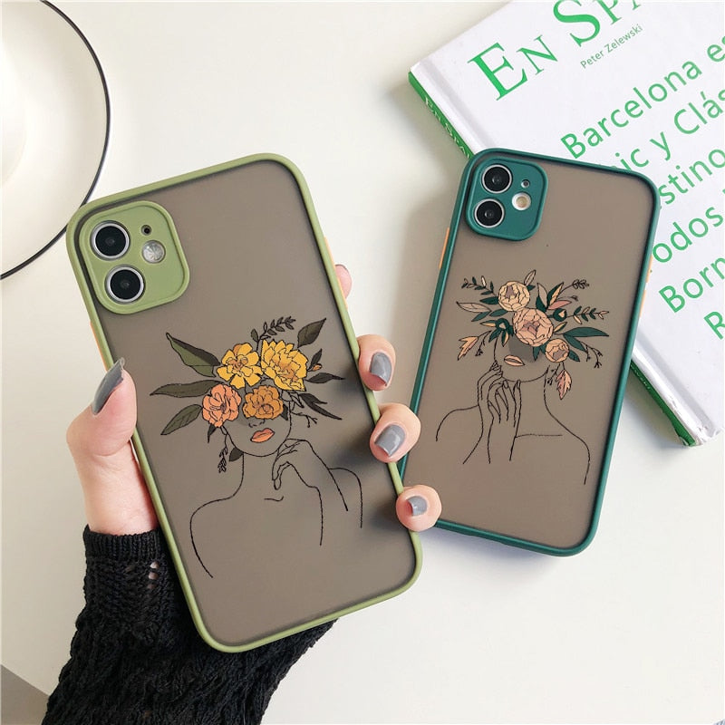 eybag ine Art Sketch Flower Girl Protection Phone Case For iPhone 12 11 13 Pro MAX X XS XR SE 2 6s 7 8 Plus Hard Translucent Cover