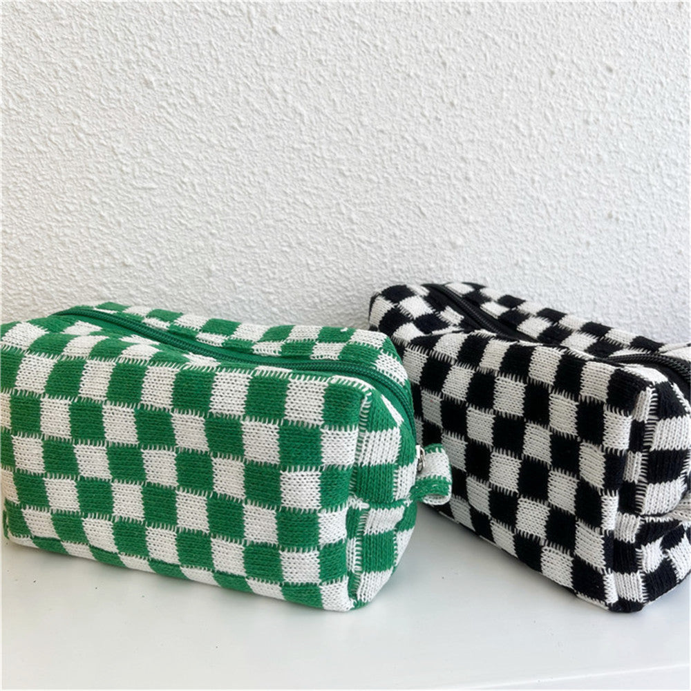 Lkblock Korean Ins Checkerboard Knitted Cosmetic Cases For Women Ladies Large Capacity Lattice Makeup Bags Plaid Beauty Organizer Pouch