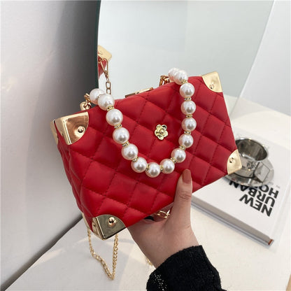 eybag Rhombus Lattice Shoulder Handbags for Women Luxury Leather Crossbody Bag Pearl Chain Tote Bag Ladies Solid Color Messenger Bags