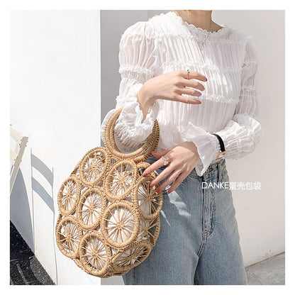 Lkblock Fashion Rattan Hollow Round Straw Bags Wicker Woven Women Handbags Summer Beach Shoulder Crossbody Bags Casual Lady Bali Purses