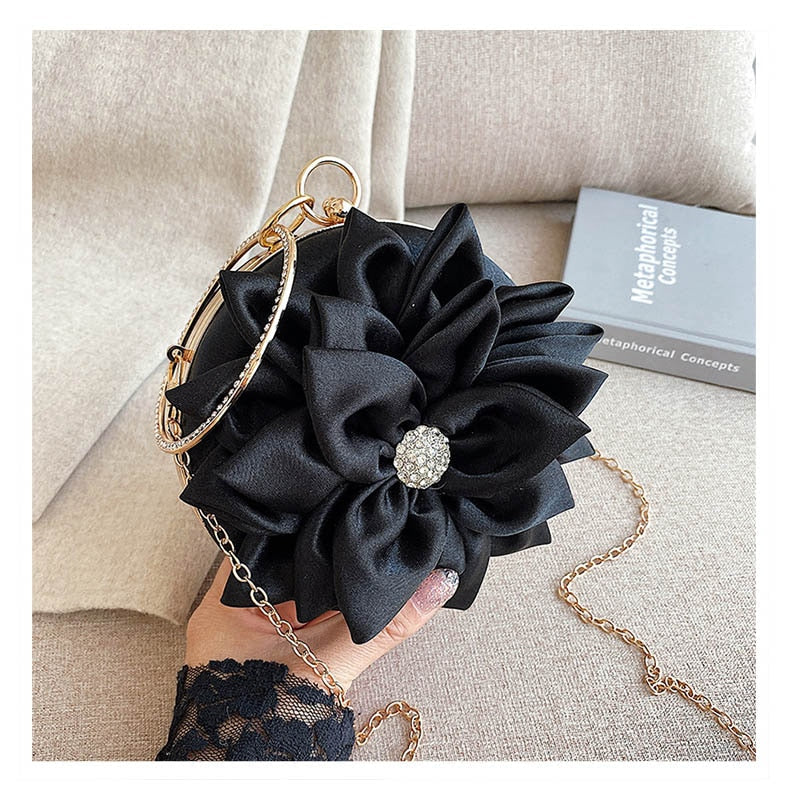 eybag Red Flower Clutch Purse  Women Round  Evening Bag Crystal Diamond Wedding Silk Handbag Exquisite Chain Shoulder Bags FTB154