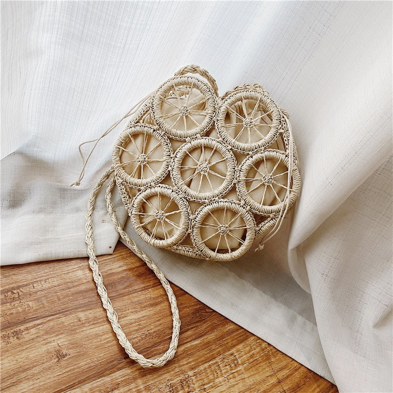 Lkblock Fashion Rattan Hollow Round Straw Bags Wicker Woven Women Handbags Summer Beach Shoulder Crossbody Bags Casual Lady Bali Purses