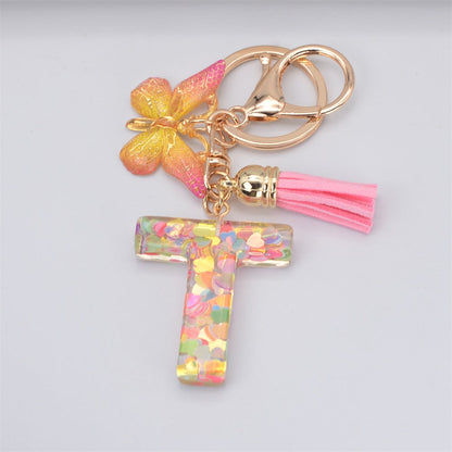 eybag New Exquisite 26 Letter Resin Keychain with Pink Tassel Gradient Butterfly Pendant Key Ring Women Bag Ornaments Accessories Gift