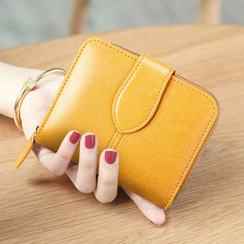 eybag Billfold Oil Wax Genuine Leather Wallets Women Short Mini Clutch Purse Soild Coin Pocket Credit Card Holder Cowhide Bag