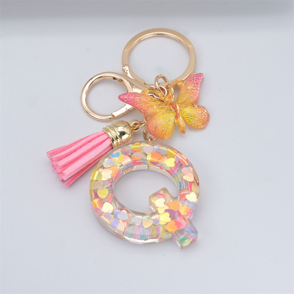 Lkblock New Exquisite 26 Letter Resin Keychain with Pink Tassel Gradient Butterfly Pendant Key Ring Women Bag Ornaments Accessories Gift