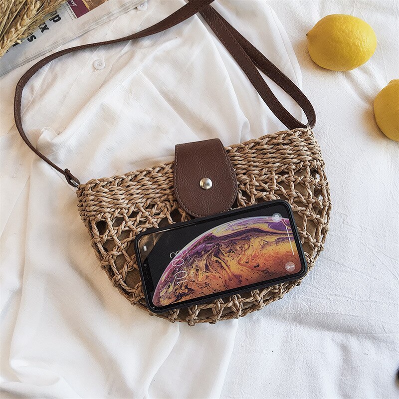 eybag Casual Half Moon Women Straw Rattan Shoulder Bags Wicker Woven Lady Hollow Crossbody Bag Summer Beach Travel Small Handbag Purse