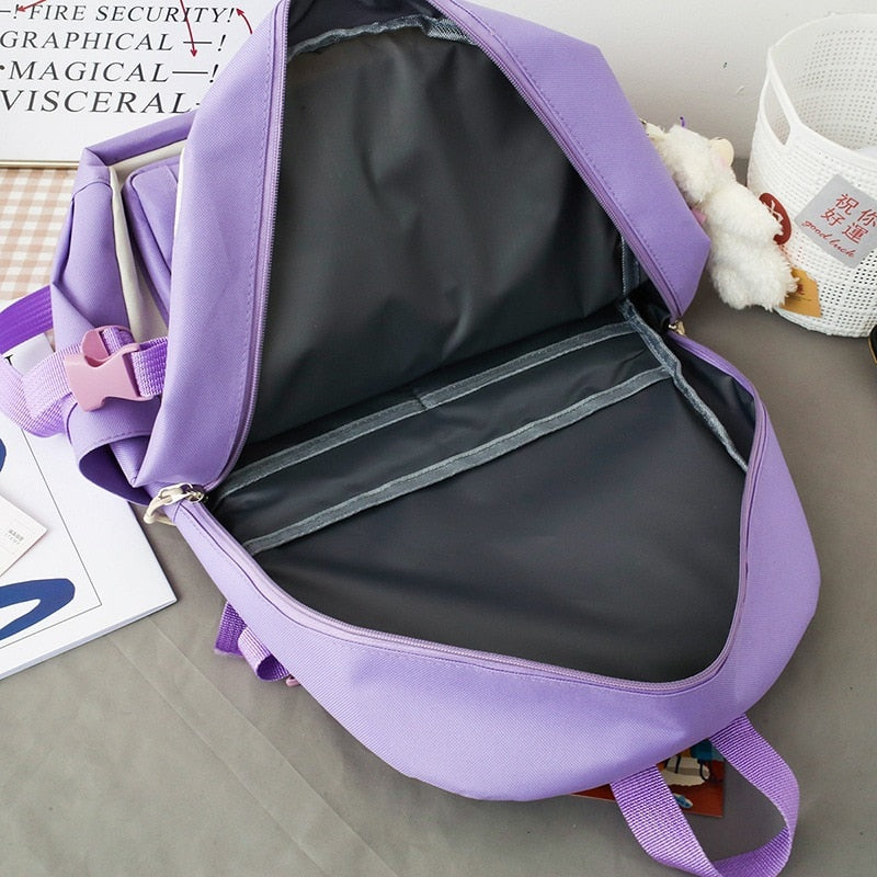 eybag New 4 Pcs Sets Purple Colour Children's School Backpack Kawaii Women's Backpack Bookbag School Bags for Teens Girls Mochila