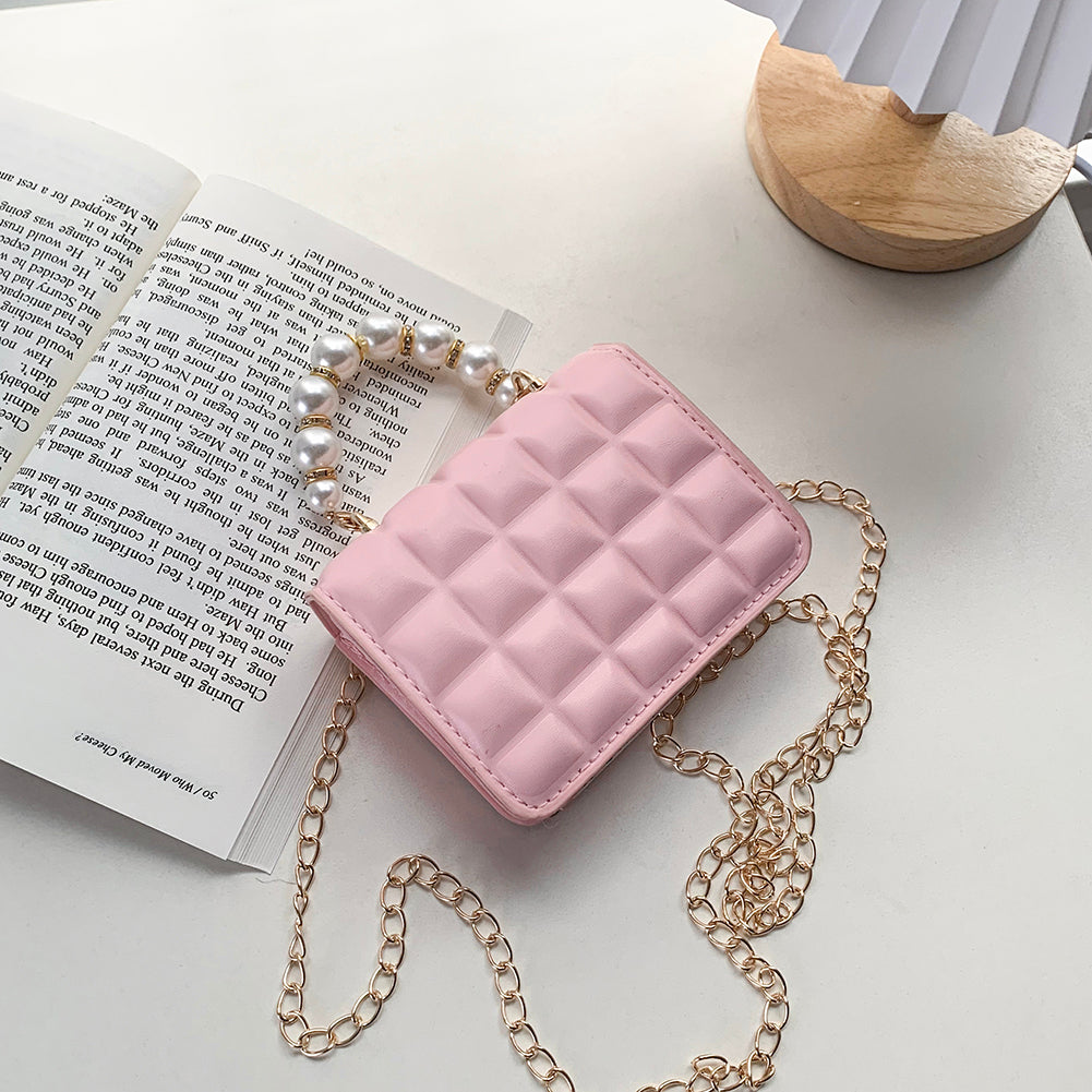 eybag Fashion Women PU Leather Thin Chain Shoulder Crossbody Bag with Pearl Handle Portable Chocolate Grid Solid Color Small Handbags