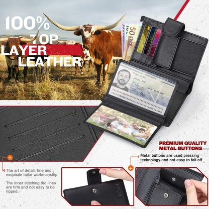 eybag Men Genuine Leather Wallet Business Purse RFID Card Holder Transparent Windows Bank Note Coin Compartment Black