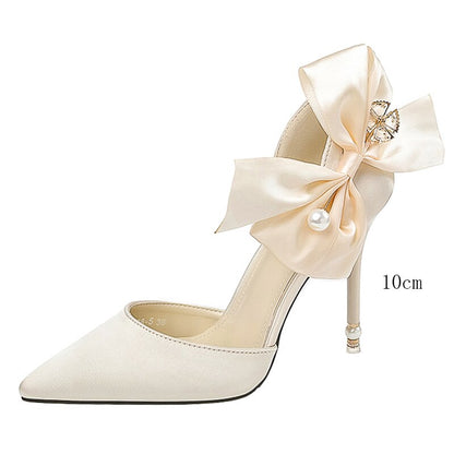 eybag 2022 Elegant Women10cm/7.5cm Pencil Heels Pumps White Butterfly Knots Pumps Red Pearl Satin Pumps Ladies Wedding Plus Size Shoes