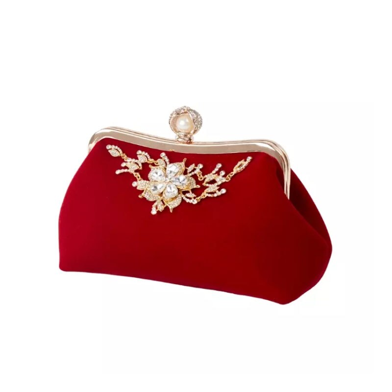 eybag Velvet Evening clutch bag women Diamond Pearl Purse Vintage Crystal Flower Wedding Party Bride Handbag for lady black B358