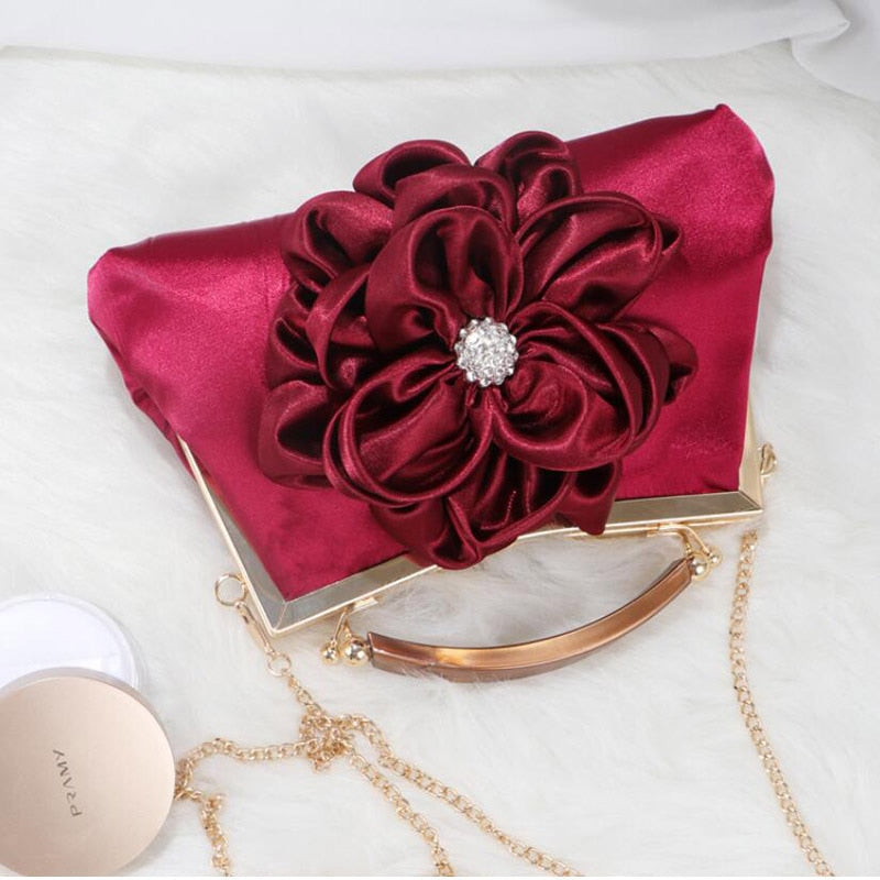 eybag Satin Flower Clutches Handbag Women's small Evening Bag Diamond Wedding Purse elegant Chain Shoulder Bags champagne red