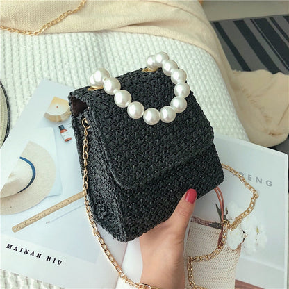 Lkblock Ethnic Pearl Handle Woven Summer Women Straw Bag