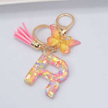 eybag New Exquisite 26 Letter Resin Keychain with Pink Tassel Gradient Butterfly Pendant Key Ring Women Bag Ornaments Accessories Gift