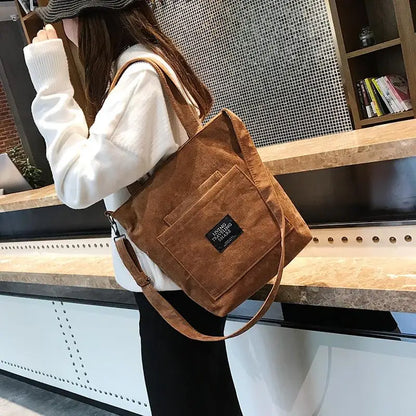 eybag Women Corduroy Shoulder Bags Striped Cloth Fabric Handbags Casual Zip Tote Canvas Crossbody Bag Cute Shopping Bag For Ladies