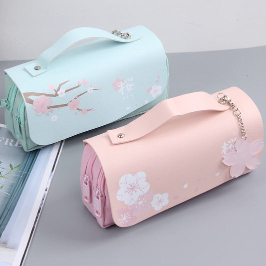 eybag Sakura Pencil Bag PU Leather Pen Case Kawaii Stationery Ruler Pouch for School Girl Sweet Eraser Holder Gift Box Flowers Storage