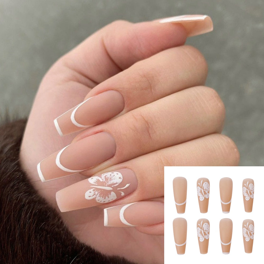 gifts for women hot sale new 24PCS Fake Nails With Glue Rhinestones Long Coffin Flame Press on Nails Detachable French Stick on Nails Art DIY faux ongles