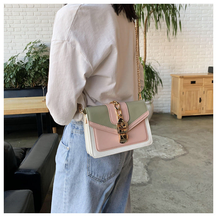 eybag Fashion chain lady Sling bag Panelled color PU Leather Crossbody Bag For Women 2022 new Wide strap Shoulder Messenger Bag Ladies