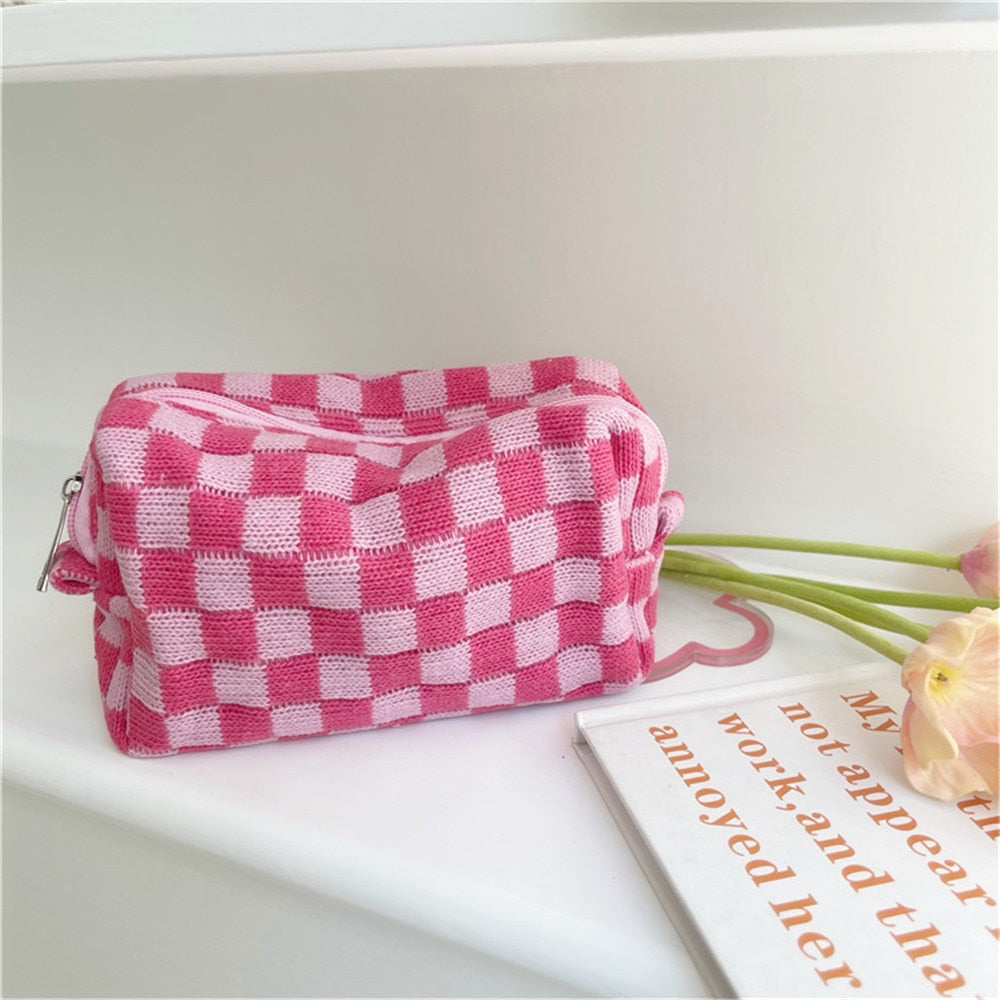 Lkblock Korean Ins Checkerboard Knitted Cosmetic Cases For Women Ladies Large Capacity Lattice Makeup Bags Plaid Beauty Organizer Pouch