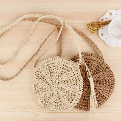 eybag Rattan Woven Round Women Straw Bag Handbag Knit Summer Beach Bag Woman Shoulder Messenger Bag Tassel Khaki Beige Crossbody Bags