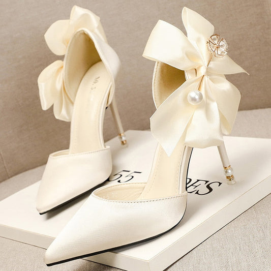 eybag 2022 Elegant Women10cm/7.5cm Pencil Heels Pumps White Butterfly Knots Pumps Red Pearl Satin Pumps Ladies Wedding Plus Size Shoes