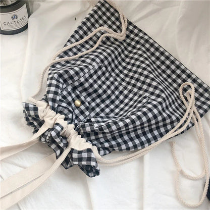 eybag Canvas Tote Bag Pocket Plaid Cream Drawstring Bags