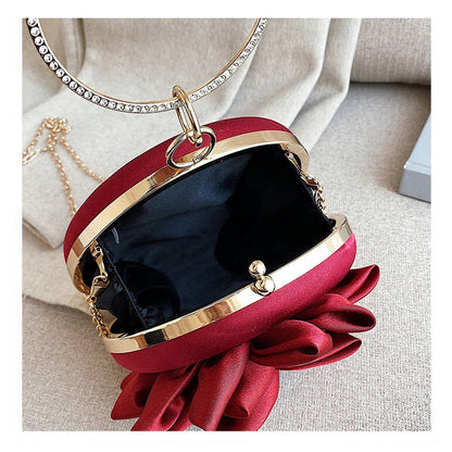 eybag Red Flower Clutch Purse  Women Round  Evening Bag Crystal Diamond Wedding Silk Handbag Exquisite Chain Shoulder Bags FTB154