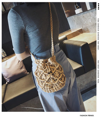 Lkblock Cotton Rope Woven Women's Shoulder Bag Bohemian Handmade Crossbody Bags Knitted Summer Bucket Straw Beach Bag Female Handbags