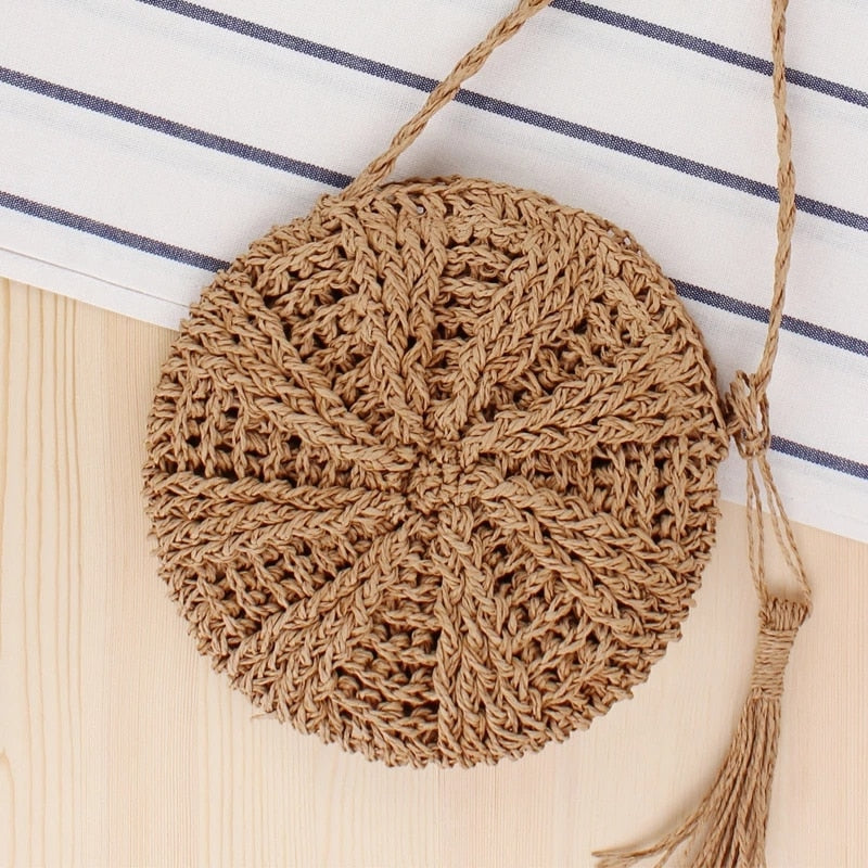 eybag Rattan Woven Round Women Straw Bag Handbag Knit Summer Beach Bag Woman Shoulder Messenger Bag Tassel Khaki Beige Crossbody Bags