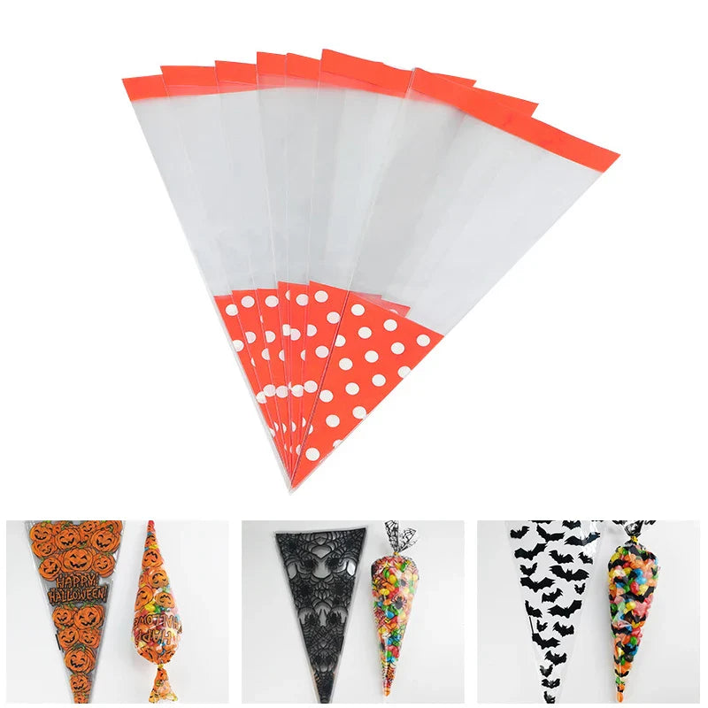 eybag 50pcs/Lot DIY Candy Bag Wedding Favors Halloween Christmas Party Decor Sweet Cellophane Print Cone Storage with Organza Pouches