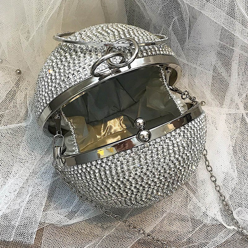 eybag Silver Mini Round Ball Evening Bags For Women Fashion diamonds  Clutch Bag Ladies  Messenger Bag Chain Handbag