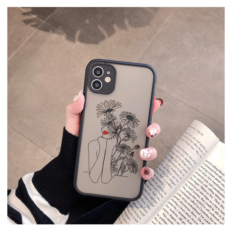 eybag ine Art Sketch Flower Girl Protection Phone Case For iPhone 12 11 13 Pro MAX X XS XR SE 2 6s 7 8 Plus Hard Translucent Cover